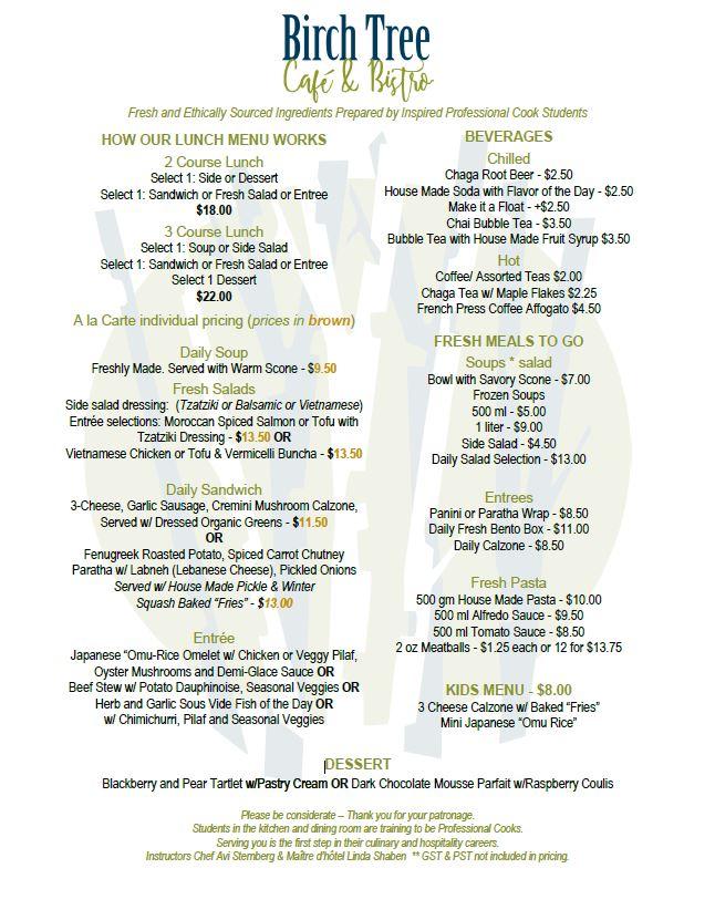 Birch Tree Cafe and Bistro Menu